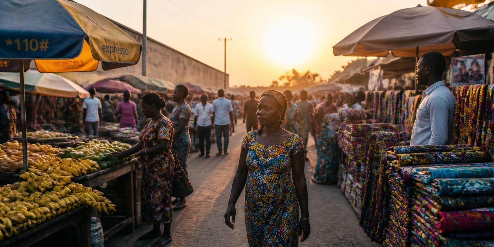 Marché animé d'Afrique de l'Ouest au coucher du soleil