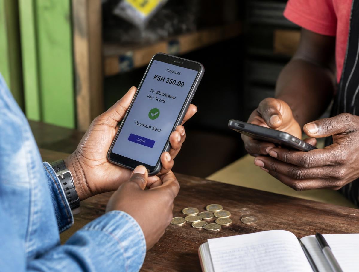 Client réglant sa dette par mobile money au comptoir d'une boutique