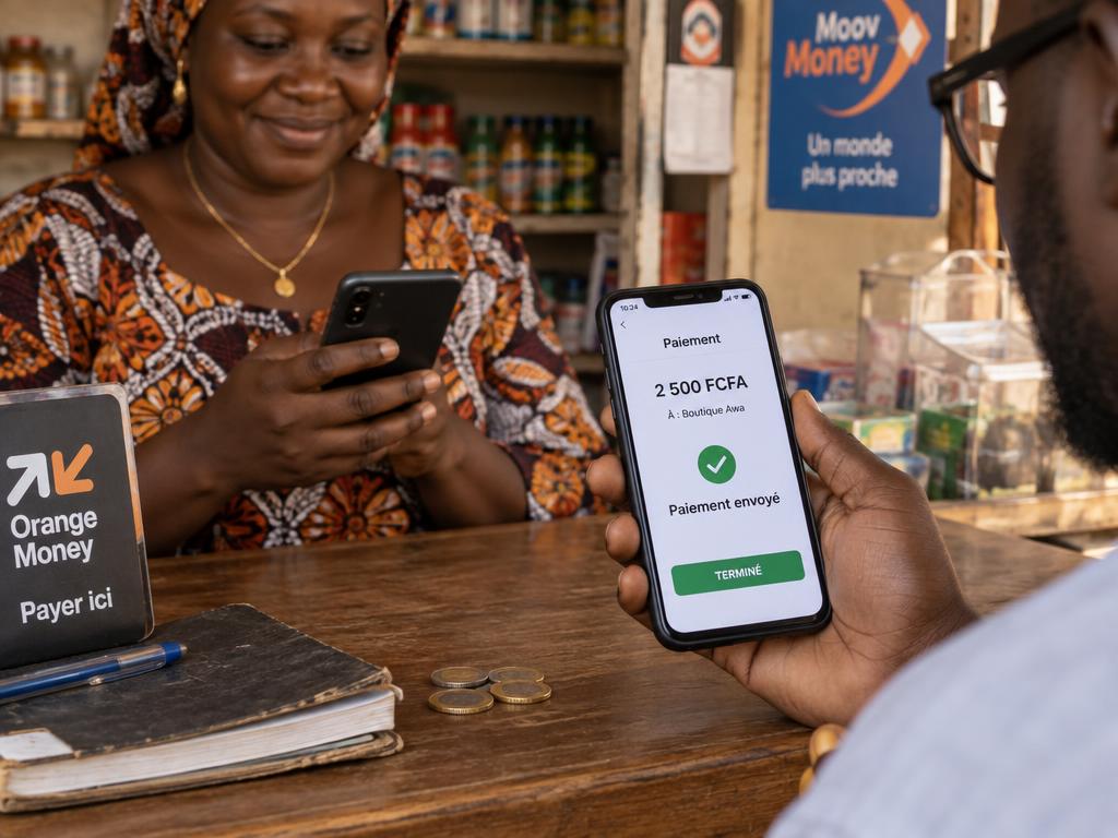 Client réglant sa dette par mobile money au comptoir d'une boutique